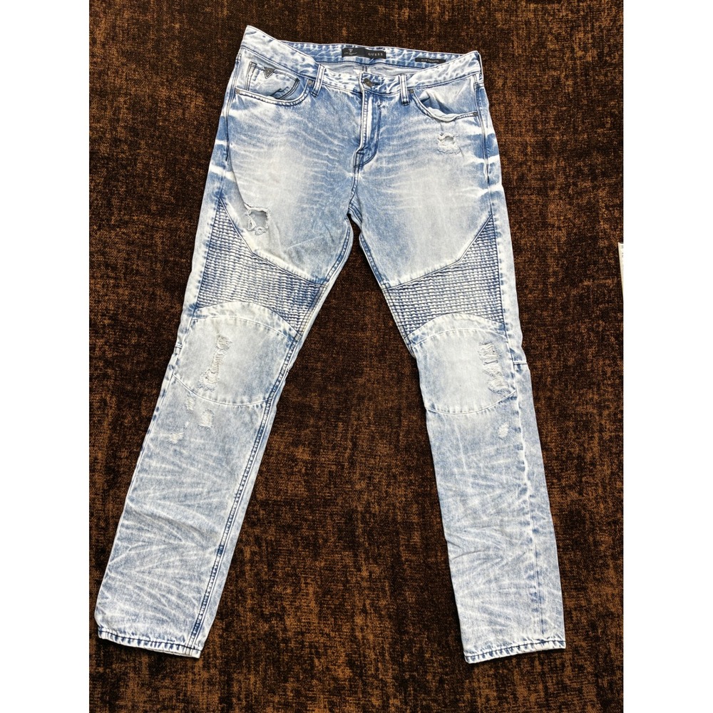 Guess Moto Jeans Mens 36 Biker Acid Wash Distressed Denim Blue Patchwork